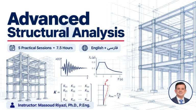 Advanced Structural Analysis poster with small portrait of instructor Massoud Riyazi