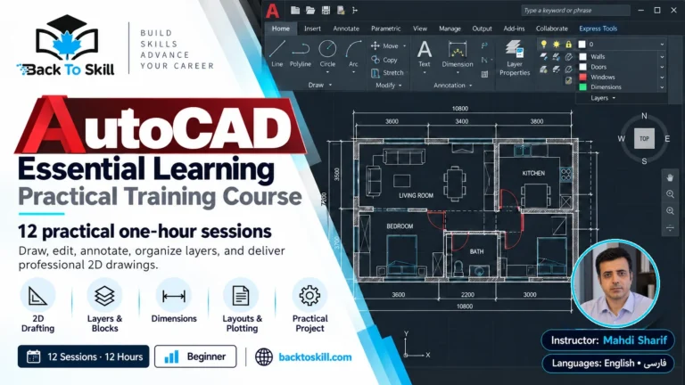 AutoCAD Essential Learning poster with Mahdi Sharif portrait including shirt collar
