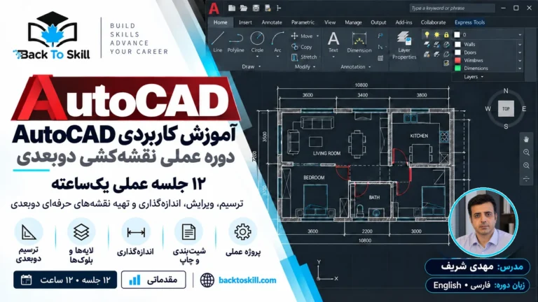 پوستر فارسی آموزش کاربردی اتوکد با عکس مهدی شریف تا یقه