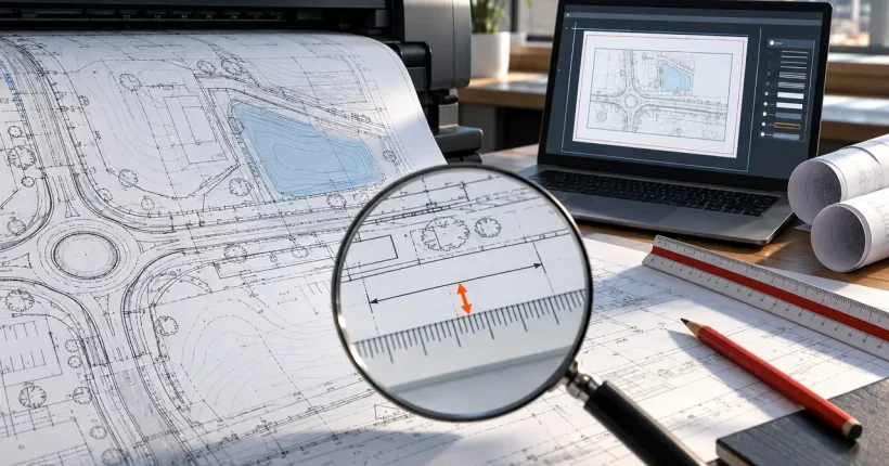 مهندس در حال بررسی مقیاس و کیفیت چاپ نقشه اتوکد کنار پلاتر