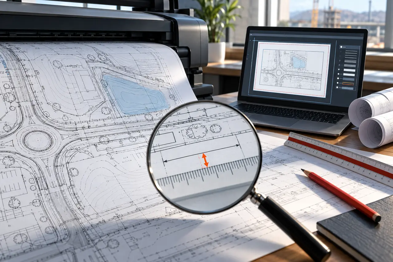 مهندس در حال بررسی مقیاس و کیفیت چاپ نقشه اتوکد کنار پلاتر