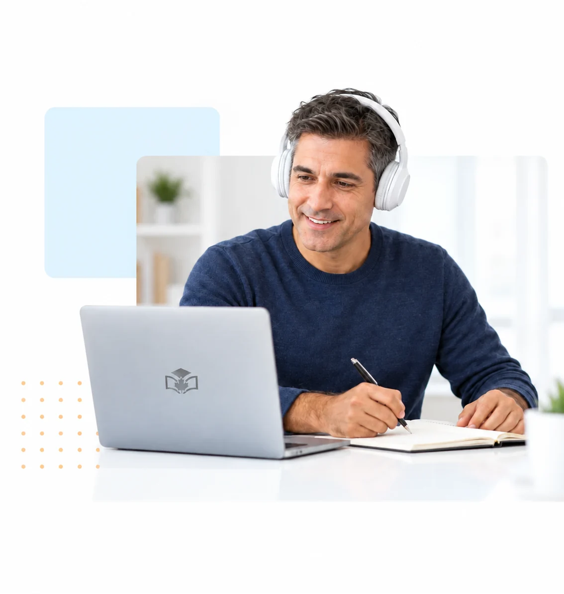 Online learner with a subtle BackToSkill emblem engraved on laptop