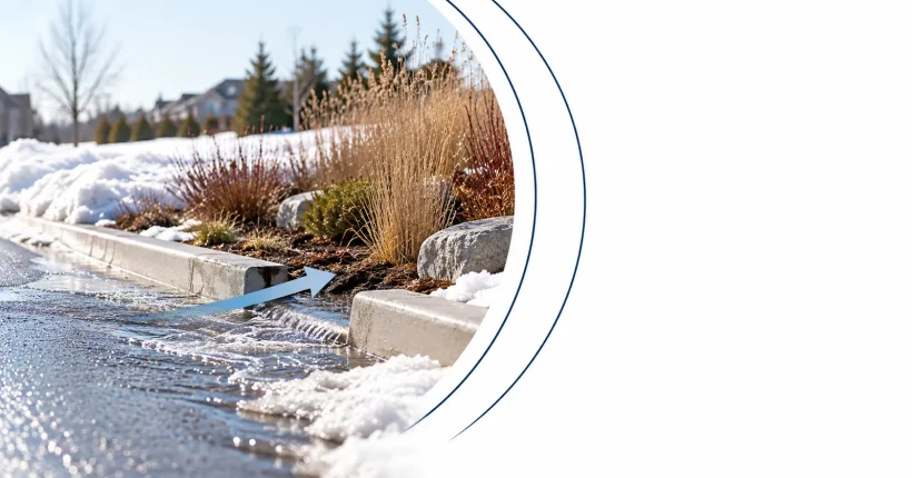 Snowmelt flows through a curb cut toward a planted rain garden in a simple hybrid illustration
