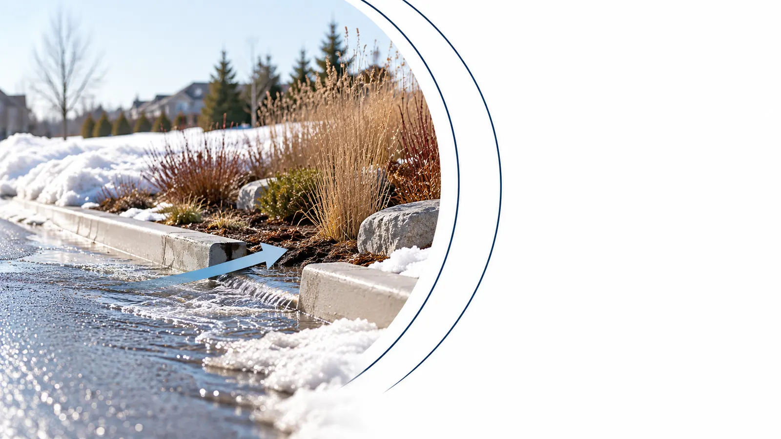 Snowmelt flows through a curb cut toward a planted rain garden in a simple hybrid illustration
