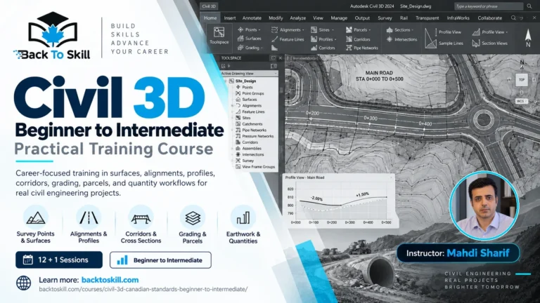 Civil 3D beginner to intermediate poster with Mahdi Sharif portrait including shirt collar