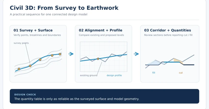 Conceptual Civil 3D workflow diagram showing survey points, surface, alignment, profile and earthwork cross section