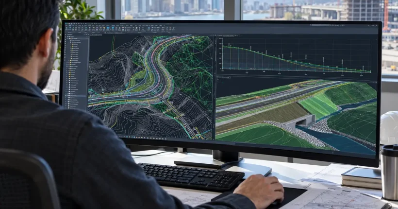 مهندس عمران در حال بررسی سطح توپوگرافی، پروفیل مسیر و مدل Corridor در Civil 3D