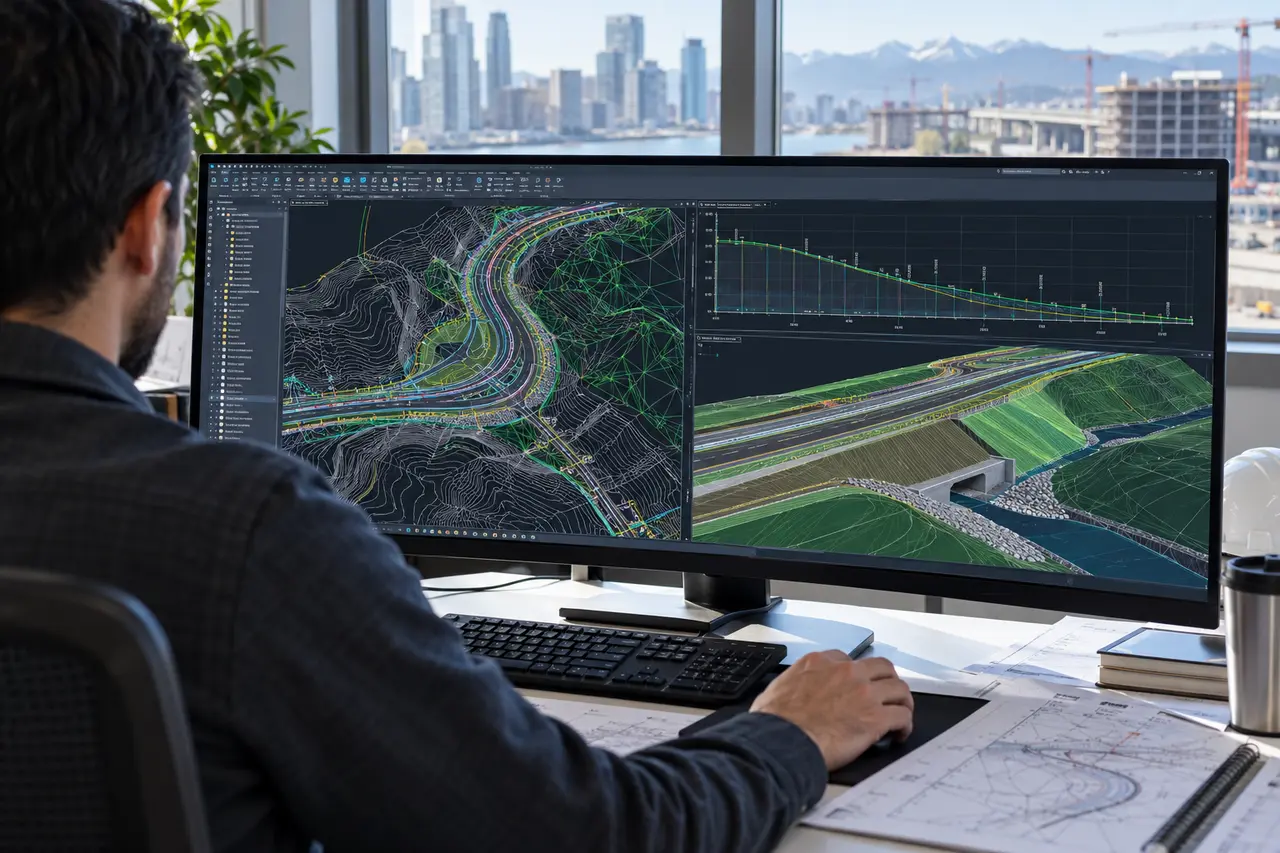 مهندس عمران در حال بررسی سطح توپوگرافی، پروفیل مسیر و مدل Corridor در Civil 3D