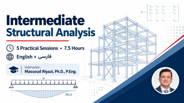 Intermediate Structural Analysis poster with small portrait of instructor Massoud Riyazi