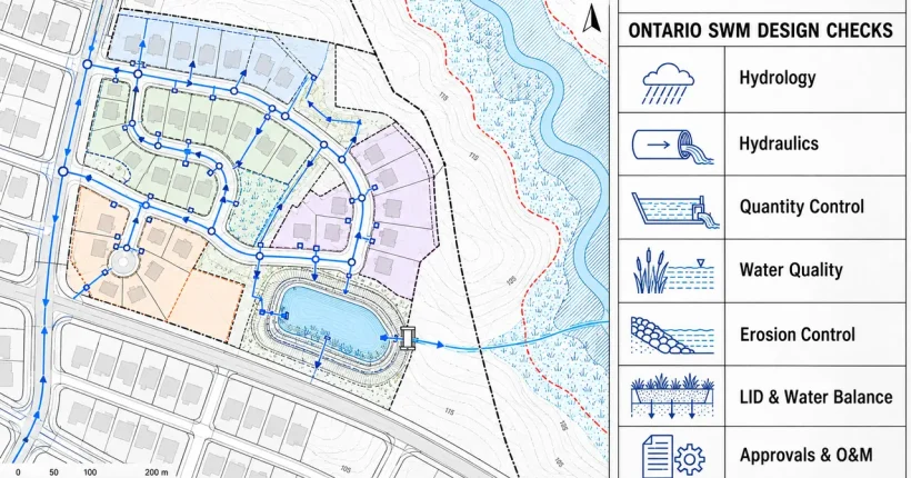 Traditional CAD-style Ontario stormwater management plan with STM network, drainage catchments, SWM pond, creek constraints and design checks legend