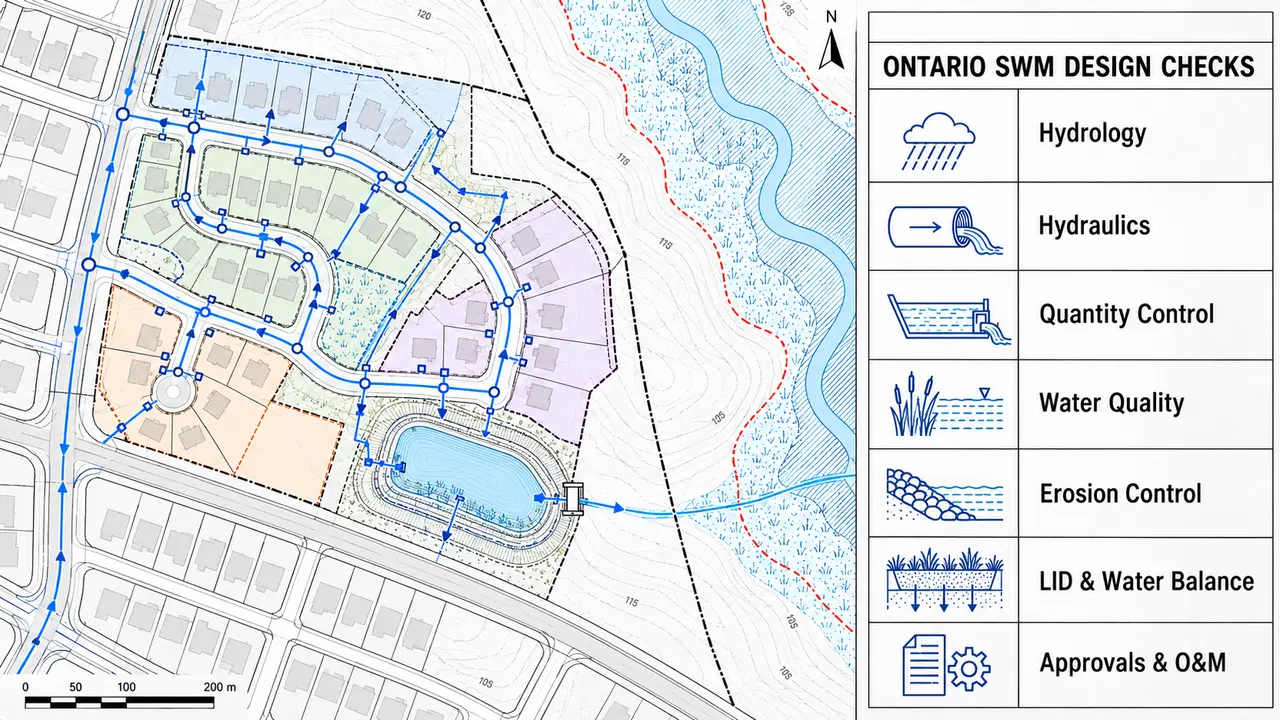 Traditional CAD-style Ontario stormwater management plan with STM network, drainage catchments, SWM pond, creek constraints and design checks legend